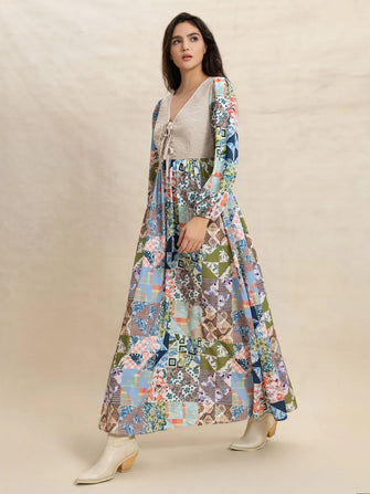 Tied Front Printed Long Sleeve Maxi Dress Multicolor