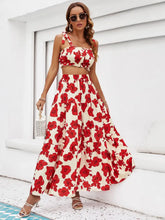 Honey Floral Tie Shoulder Top and Tiered Maxi Skirt Set Deep Red Woman Maxi Dress