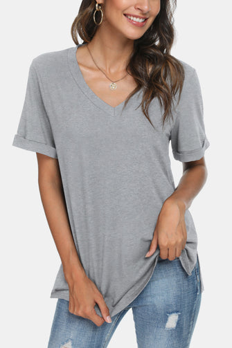V-Neck Short Sleeve Slit T-Shirt Charcoal
