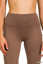 Brown high-waisted Zenana brushed dty microfiber flare pants with smooth stretchy fabric and side pockets