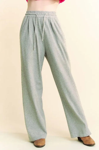 Davi & Dani Rhinestone Elastic Waist Wide Leg Pants Gray