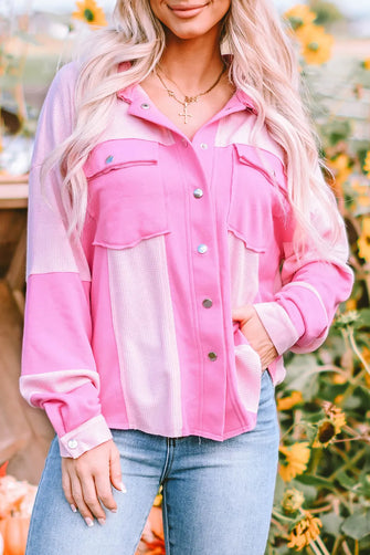 Waffle-Knit Color Block Snap Down Shacket Carnation Pink