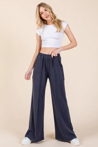 BOMBOM Elastic Waist Wide Leg Pants with Pockets Navy