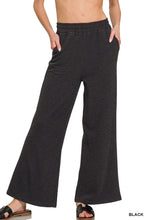 Black zenana cotton slub wide leg pants with elastic waistband and soft heathered texture for comfortable wear