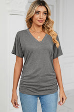 Ruched V-Neck Short Sleeve T-Shirt Dark Gray