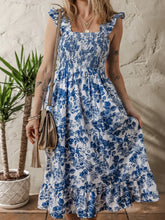 Floral Ruffle Strap Square Neck Smocked Bodice Midi Dress