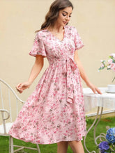 Floral Print V-Neck Belted Midi Dress