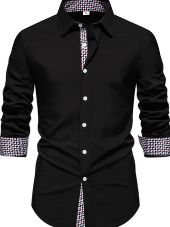 Men's Button-Down Shirt with Checkered Contrast Trim Black