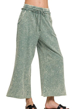 Mint green palazzo pants in washed french terry with a drawstring waistband and subtle texture from Zenana