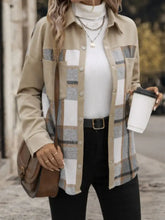 Perfee Plaid Snap Down Long Sleeve Shacket Tan Casual Dresses