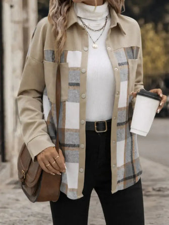 Perfee Plaid Snap Down Long Sleeve Shacket Tan Casual Dresses
