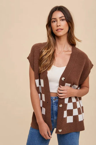 Annie Wear Checkered Button Down Short Sleeve Cardigan Dark Brown