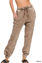 Zenana acid wash fleece sweatpants in mocha soft cotton with drawstring waistband and elastic cuffs with pockets