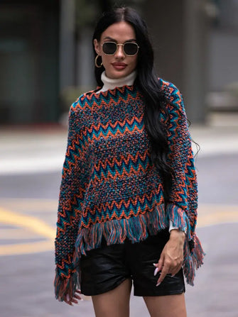 Shiny Fringe Hem Boat Neck Poncho Navy Woman Poncho