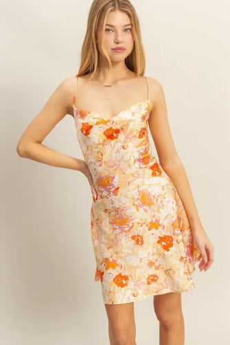 HYFVE Floral Cowl Neck Flirty Satin Mini Dress ORANGE Casual Dresses