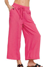 Zenana woven crepe vibrant pink cropped pants with wide legs and elastic waistband with drawstring closure