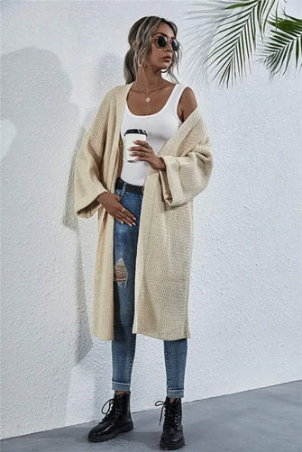 Open Front Long Sleeve Cardigan Beige Woman Outerwear