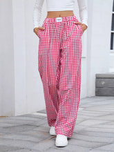 Red and white gingham check plaid wide leg casual pants with high waist and elastic waistband for comfortable wear