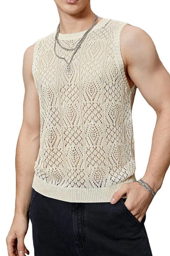 Men's Openwork Round Neck Tank Beige