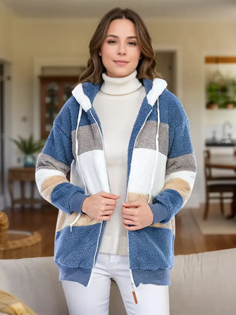 Full Size Drawstring Color Block Zip Up Hooded Outerwear Dusty Blue Woman Outerwear