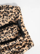 Leopard wide leg plush faux fur leopard print pajama pants with black satin ribbon tie at waist