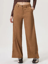 Brown corduroy wide leg pants with a straight cut and front pockets for comfortable stylish wear