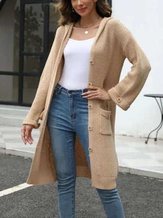 Pocketed Button Up Long Sleeve Hooded Cardigan Tan One Size Woman Outerwear