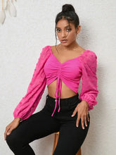 Swiss Dot Drawstring Cropped Blouse Hot Pink Woman Blouses