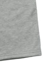 Gray heathered cotton t-shirt sleeve with stitched hem next to lace detail wide leg casual pants