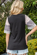 Leopard Lace Trim Ribbed Round Neck Top Woman T Shirts