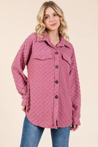 BOMBOM Checkered Button Down Dropped Shoulder Shacket Deep Rose Woman Outerwear