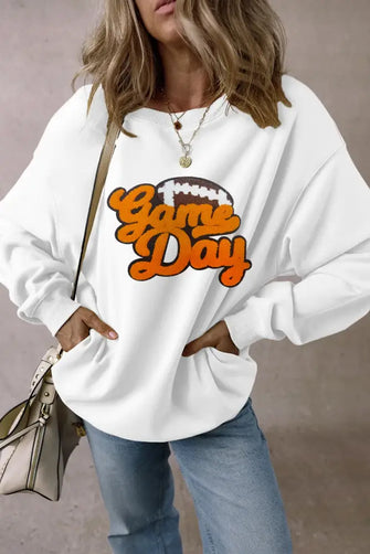 GAME DAY Football Round Neck Long Sleeve Sweatshirt White Woman Sweatshirts