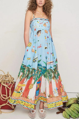 Printed Square Neck Maxi Cami Dress with Pockets Light Blue Woman Maxi Dress