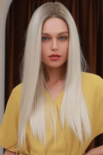 13*2" Lace Front Wigs Synthetic Long Straight 26" Heat Safe 150% Density Blonde Ash Brown Root One Size Hair