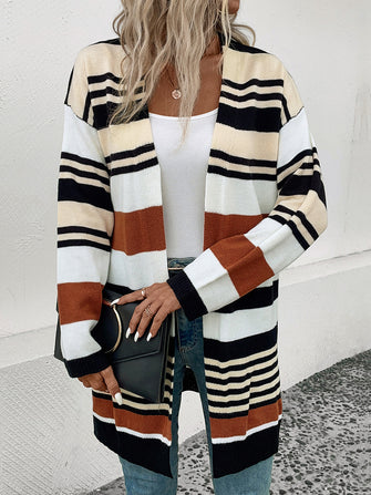 Perfee Striped Open Front Drop Shoulder Cardigan Stripe