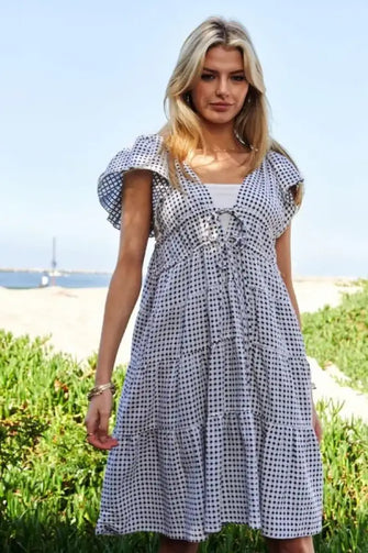 Davi & Dani Jacquard V-Neck Flutter Cap Sleeve Tiered Dress Black Ivory Casual Dresses