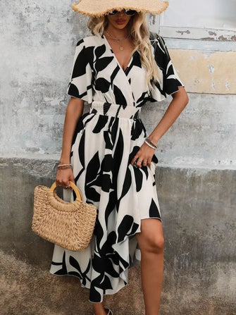 Printed Surplice Short Sleeve Midi Dress Black Casual Dresses