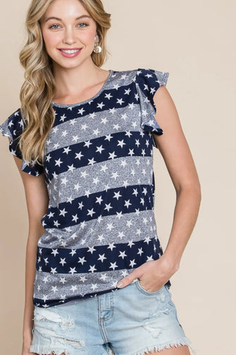 BOMBOM Striped Round Neck Cap Sleeve T-Shirt Dark Blue