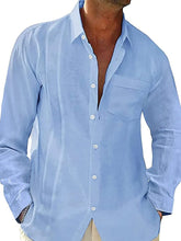 Men's Full Size Casual Linen Long Sleeve Button Down Shirt Plus Size Light Blue