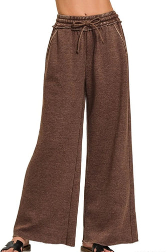 Zenana Acid Wash Fleece Palazzo Sweatpants with Pockets MAHOGANY