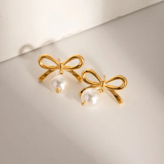 Stainless Steel Bow Pearl Earrings Gold One Size