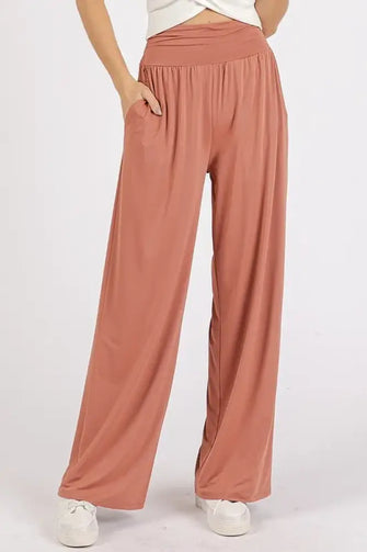 Mittoshop Stretch Banded Waist Wide Leg Pants with Pockets PEACH DK Woman Pants