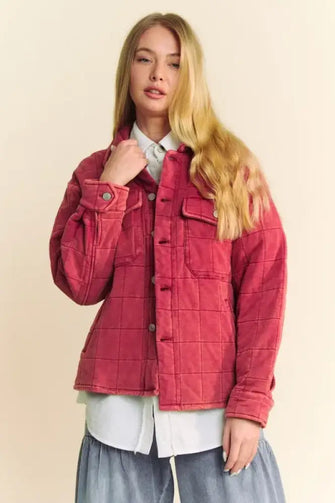 Davi & Dani Quilted Button Down Shacket with Chest Pockets Brick Woman Outerwear