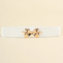 White elastic belt with golden alloy bow buckle