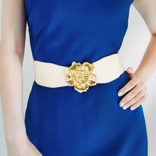 Vestido azul royal sem mangas com cinto elástico e fivela de liga dourada em forma de flor