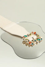 Elastic belt with multicolored leaf buckle and gemstone detailing