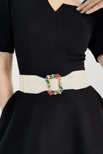 Black elastic belt with multicolored leaf buckle and gemstone detailing