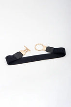 Black elastic belt with circle shape buckle and PU leather trim