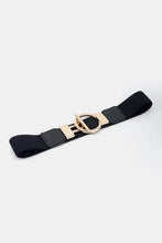 Black elastic waistband belt with gold zinc alloy circle shape buckle and PU leather trim