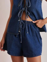 Dark wash elastic waist denim shorts with drawstring